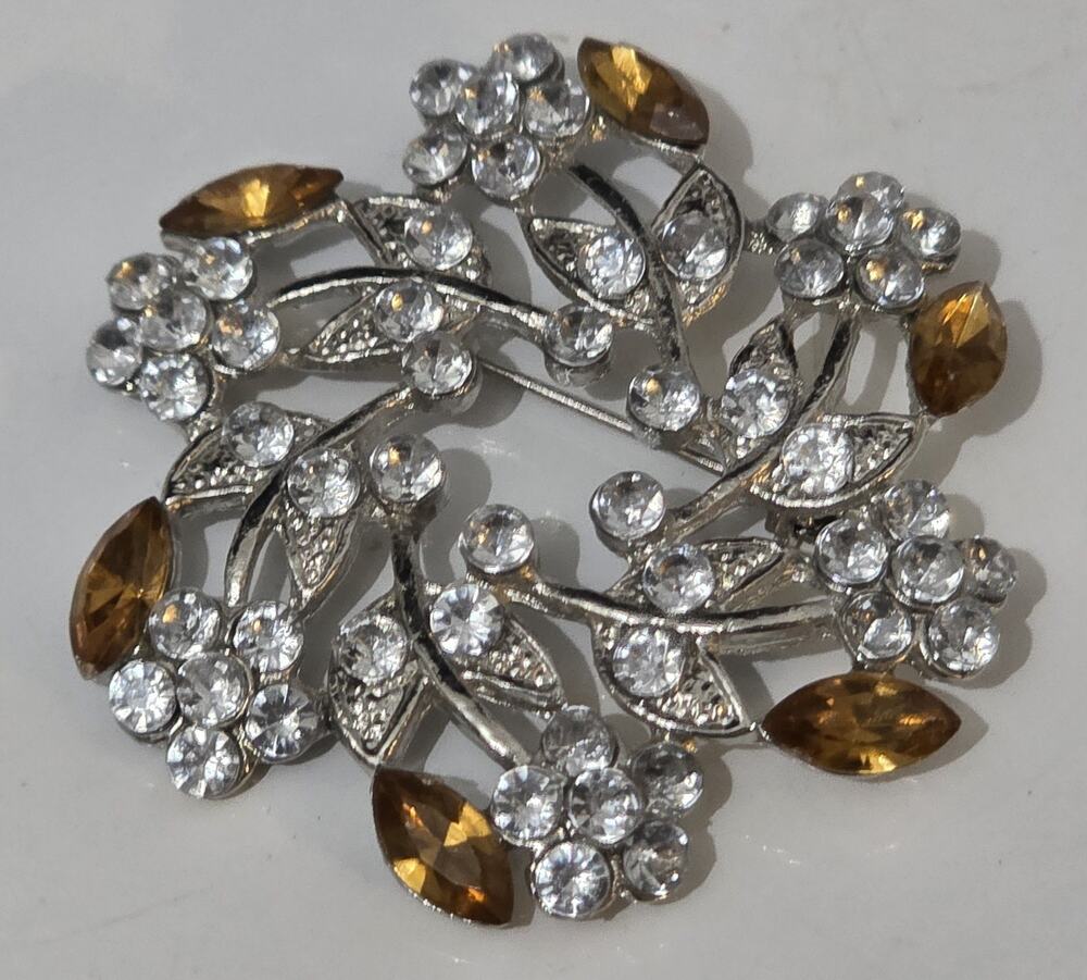 Vintage Silver Tone amber Stone 1 7/8" Brooch